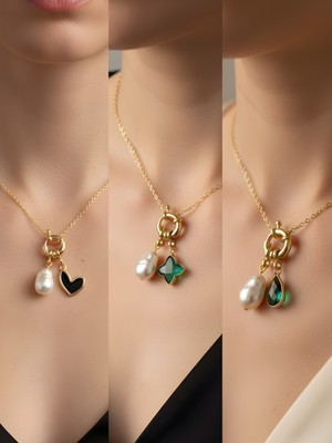 NKT Collection Zümrüt Yeşili Damla Zümrüt Yeşili Yıldız Siyah Kalp Incili Kolye