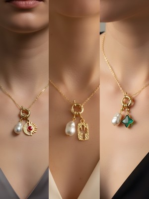 NKT Collection Zümrüt Yeşili Yıldız Kaktüs Ay Güneş Incili Kolye