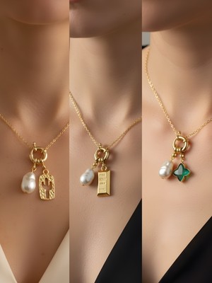 NKT Collection Zümrüt Yeşili Yıldız Kaktüs Külçe Altın Incili Kolye