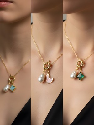 NKT Collection Zümrüt Yeşili Yıldız Pembe Kalp Turkuaz Yonca Incili Kolye