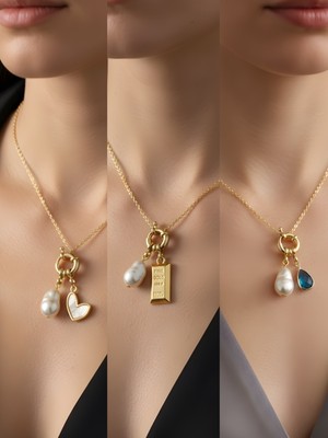 NKT Collection Turkuaz Damla Beyaz Kalp Külçe Altın Incili Kolye