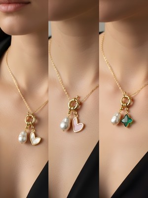 NKT Collection Zümrüt Yeşili Yıldız Pembe Kalp Beyaz Kalp Incili Kolye