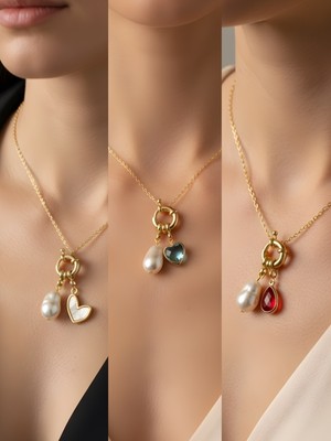 NKT Collection Kırmızı Damla Turkuaz Kalp Beyaz Kalp Incili Kolye