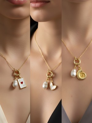 NKT Collection Deniz Kabuğu Beyaz Kalp Beyaz Yonca Incili Kolye