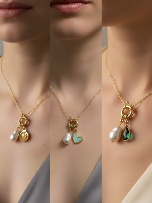 NKT Collection Zümrüt Yeşili Damla Midye Turkuaz Kalp Incili Kolye