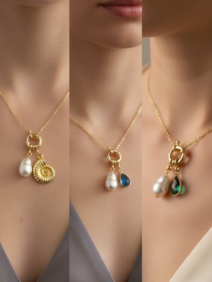 NKT Collection Zümrüt Yeşili Damla Turkuaz Damla Deniz Kabuğu Incili Kolye