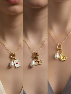 NKT Collection Deniz Kabuğu Kalpli Zarf Beyaz Yonca Incili Kolye