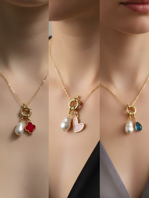 NKT Collection Turkuaz Damla Pembe Kalp Kırmızı Yonca Incili Kolye