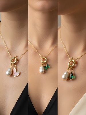 NKT Collection Zümrüt Yeşili Kelebek Zümrüt Yeşili Damla Pembe Kalp Incili Kolye