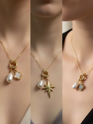 NKT Collection Siyah Yonca Kalpli Zarf Ay Güneş Incili Kolye