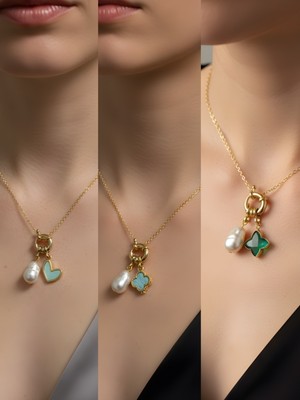 NKT Collection Zümrüt Yeşili Yıldız Turkuaz Yonca Turkuaz Kalp Incili Kolye