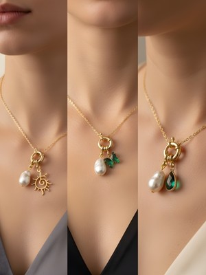 NKT Collection Zümrüt Yeşili Kelebek Zümrüt Yeşili Damla Güneş Incili Kolye