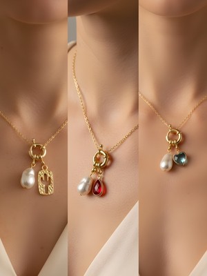 NKT Collection Kırmızı Damla Turkuaz Kalp Kaktüs Incili Kolye