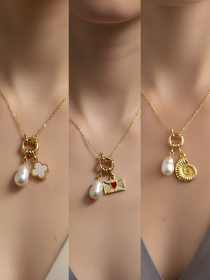 NKT Collection Deniz Kabuğu Ay Güneş Turkuaz Kalp Incili Kolye