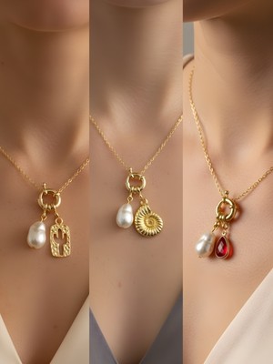 NKT Collection Kırmızı Damla Deniz Kabuğu Kaktüs Incili Kolye