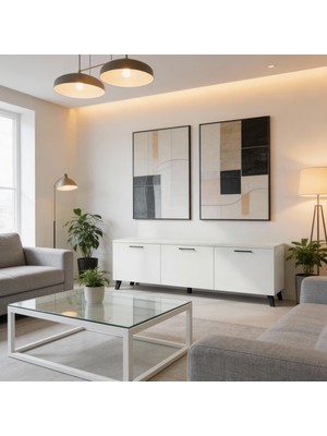 Duvar Tipi Tv Ünitesi, Çam-Beyaz Renk, Dekoratif 3 Kapak Bölmeli, Modern Tasarım (150 * 30 * 30 Cm)
