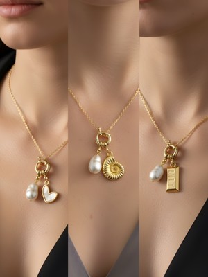 NKT Collection Deniz Kabuğu Beyaz Kalp Kırmızı Yonca Incili Kolye