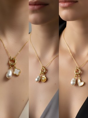 NKT Collection Beyaz Kalp Midye Beyaz Yonca Incili Kolye