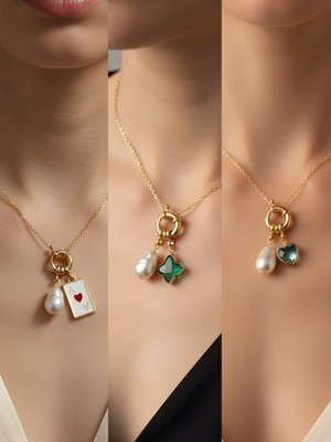 NKT Collection Turkuaz Kalp Zümrüt Yeşili Yıldız Turkuaz Kalp Incili Kolye