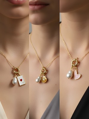 NKT Collection Pembe Kalp Midye Beyaz Yonca Incili Kolye