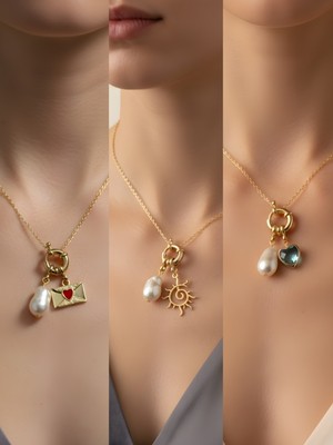 NKT Collection Turkuaz Kalp Güneş Kutup Yıldızı Incili Kolye