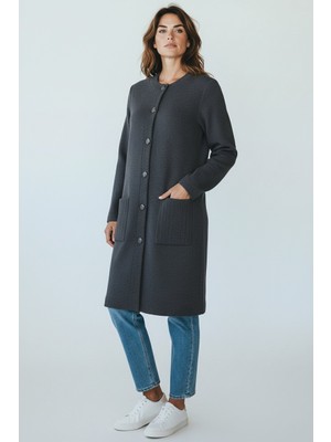 Ece Giyim Kadın Önü Boydan Düğmeli Cepli Bisiklet Yaka Çelik Örgü Hırka