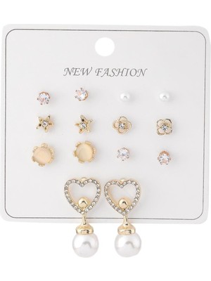 Pazarois Kalp ve Inci Detaylı Gold Renk Bijuteri Küpe Seti