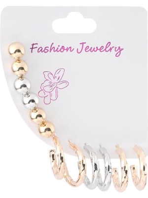 Pazarois Altın ve Gümüş Renk Halka ve Top Detaylı Bijuteri Küpe Seti