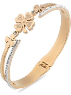 Pazarois Çoklu Yonca Figürlü Taş Detaylı Altın Renkli Çelik Kelepçe Bileklik