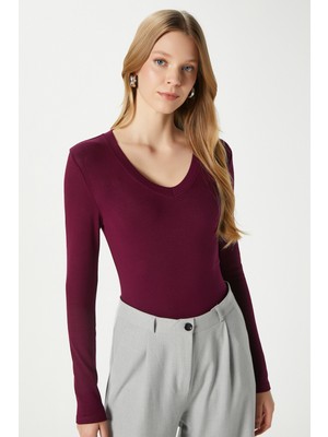 Ritnice Kadın Zera Lux Touch V Yaka Bordo Bluz