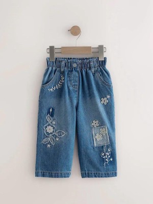 Magu Kız Çocuk Nakışlı Kot Pantolon – Elastik Belli, Çiçek Detaylı Denim Alt