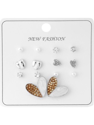 Pazarois Kalp Figürlü Taş ve Inci Detaylı Silver Renk Bijuteri Küpe Seti