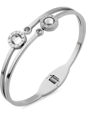 Pazarois Roma Rakamlı Çift Yuvarlak Figürlü Gümüş Renkli Çelik Kelepçe Bileklik