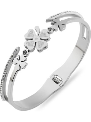 Pazarois Çoklu Yonca Figürlü Taş Detaylı Gümüş Renkli Çelik Kelepçe Bileklik