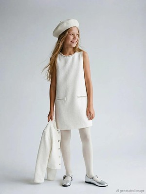 LC Waikiki Beyaz Bisiklet Yaka Taşlı Kız Çocuk Tüvit Elbise  (W5)