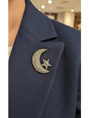 Efeaks Kristal Taşlı Ay Yıldız Kadın Broş - Şık Gümüş Tonlu Hilal Yıldız Yaka Iğnesi