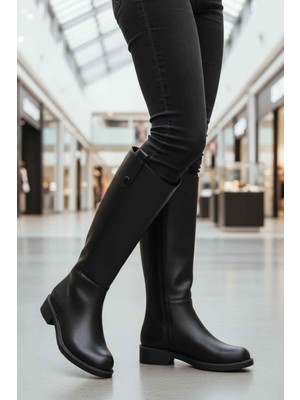 Ayakmod 224578 Fermuarlı Polarlı Siyah Cilt Kadın Çizme