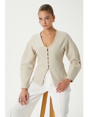 Ritnice Kadın Osea Premium Bele Oturan Bej Şık Düğme Detay Peplum Bluz