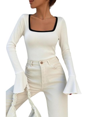 StockMount Kadın Beyaz Renk Kare Yaka Garni Detay Ispanyol Kol Bluz