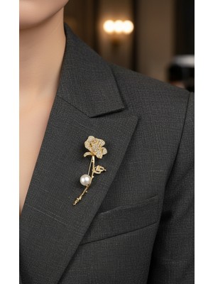 Fox Işıltılı Gül Tasarım Inci Detaylı Altın Kaplama Kadın Broş