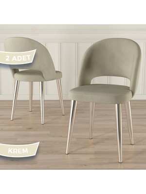 Canisa Pane Serisi 2 Adet Krem Mutfak Sandalyesi Babyface Kumaş Krom Kaplama Ayak