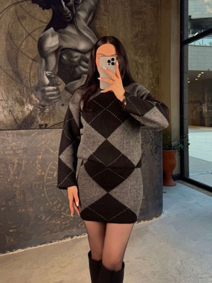 Veronik Baklava Desenli Triko Kazak Etek Takımı Gri