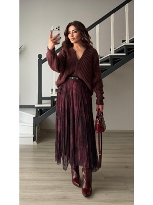 Oslove Mürdüm Astarlı Bel Lastikli Asimetrik Etek