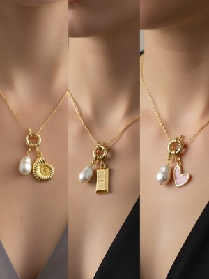 NKT Collection Pembe Kalp Deniz Kabuğu Kırmızı Yonca Incili Kolye