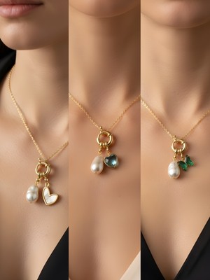 NKT Collection Turkuaz Kalp Zümrüt Yeşili Kelebek Siyah Kalp Incili Kolye