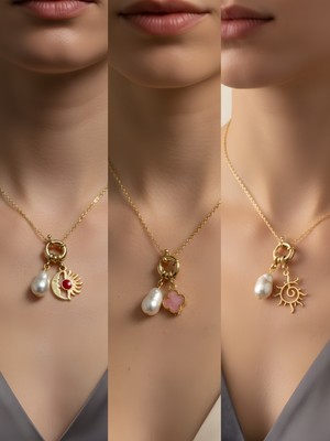 NKT Collection Güneş Pembe Yonca Ay Güneş Incili Kolye