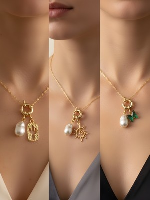 NKT Collection Zümrüt Yeşili Kelebek Güneş Külçe Altın Incili Kolye