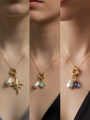 NKT Collection Mavi Damla Turkuaz Yonca Kutup Yıldızı Incili Kolye