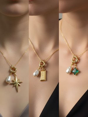 NKT Collection Zümrüt Yeşili Yıldız Külçe Altın Kutup Yıldızı Incili Kolye