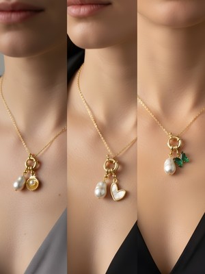 NKT Collection Zümrüt Yeşili Kelebek Beyaz Kalp Kutup Yıldızı Incili Kolye